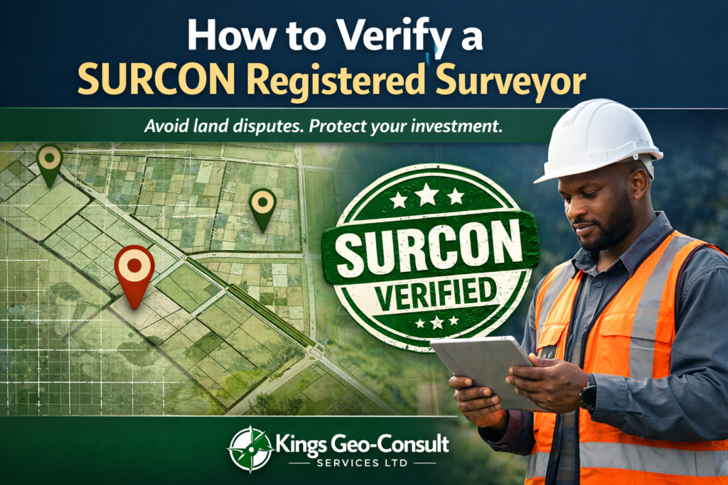 Guide showing how to verify a SURCON registered surveyor in Nigeria for safe land transactions and property verification in Lagos